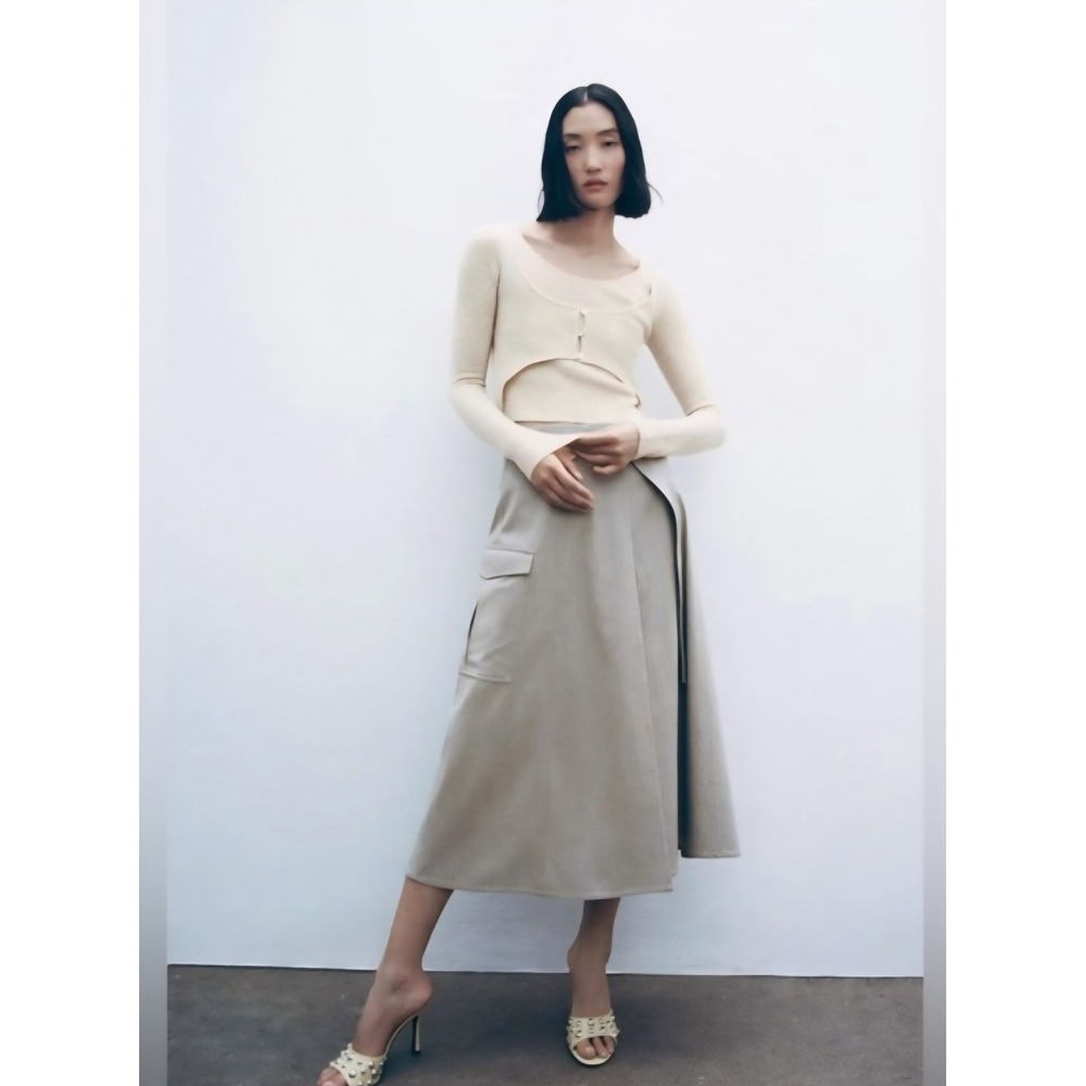 Zara Women Beige‎ Cargo Wrap Midi Skirt High Waist D-Ring Belt Size Small